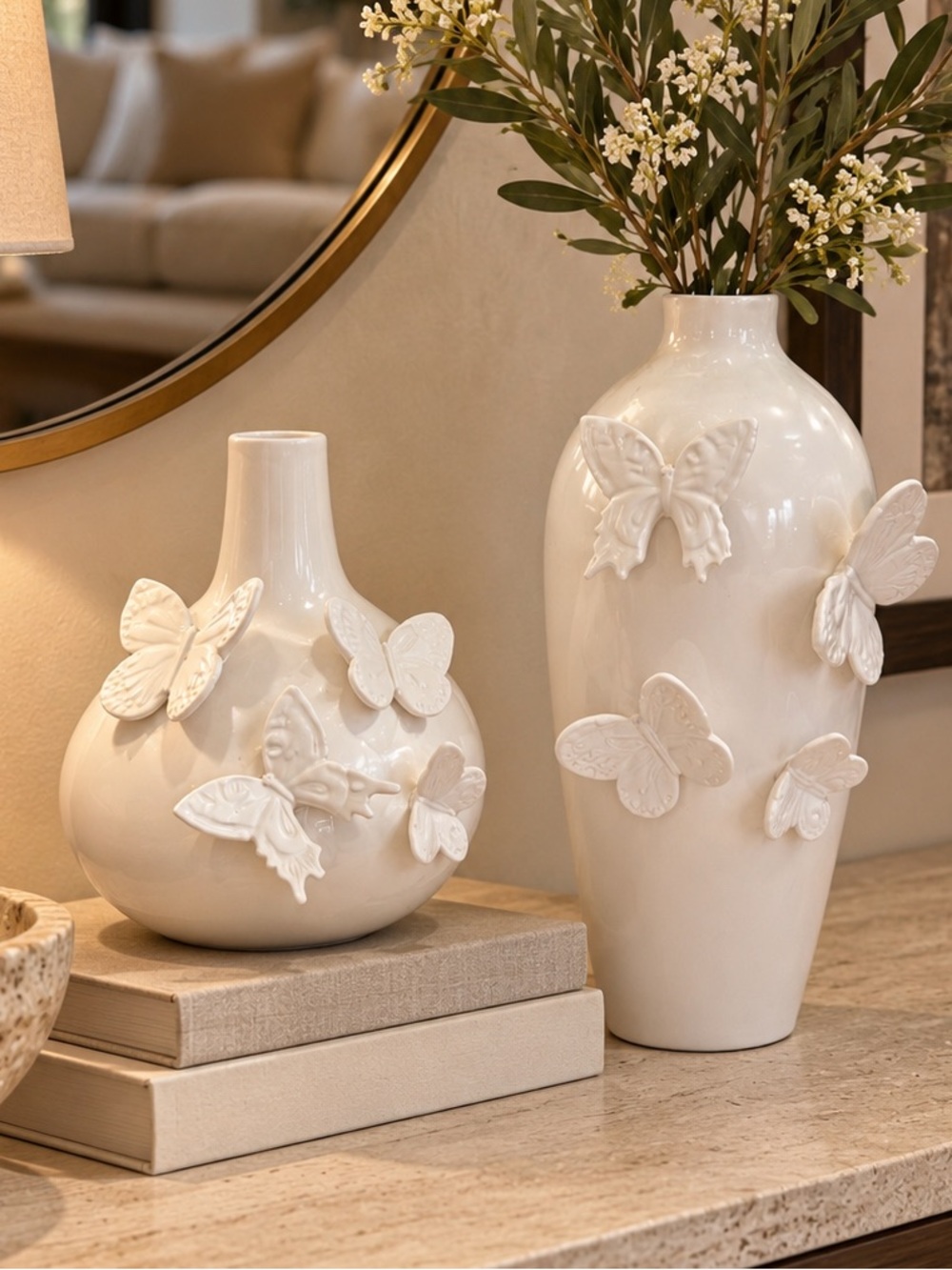 Set of 2 Elegant White Ceramic Butterfly Vases